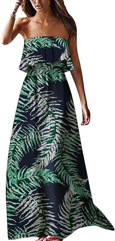 ZMPSIISA Women's Summer Off The Shoulder Maxi Dress Ruffle Strapless Blue White Porcelain Boho Casual Loose Long Dresses - Image 1