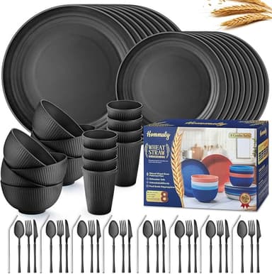 Wheat Straw Dinnerware Sets,64-Piece Black Plates and Bowls Sets for 8-Unbreakable,Reusable Plastic Dish Set-Dinner Plate/Dessert Plate/Cereal Bowl/Cup/Utensils-Microwavable Dishwasher Safe 64P-BLACK - Image 1