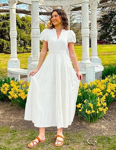 ZESICA Women's Summer Casual Maxi Dress 2025 Puff Short Sleeve V Neck Ruffle Tiered Flowy Boho Beach Dresses,White,Medium - Image 5
