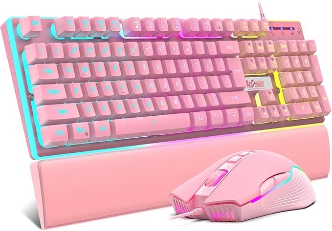 RedThunder K10 Wired Gaming Keyboard and Mouse and Wrist Rest Combo, RGB Backlit, Mechanical Feel Anti-ghosting Keyboard + 7D 7200 DPI Mice+Soft Leather Wrist Rest 3 in 1 PC Gamer Accessories(Pink - Image 1