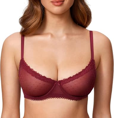 DOBREVA Women's Balconette Lace Bra See Through Demi Sheer Mesh Plus Size Underwire - Image 1