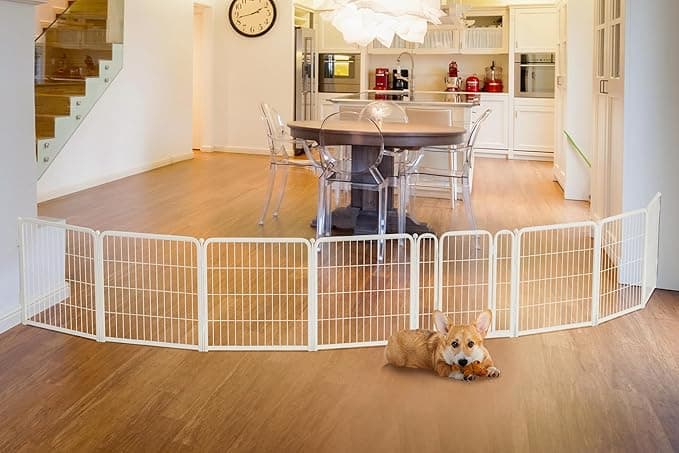 FXW Dog Gate Extra Wide Designed for Indoor Use, Adjustable Width Up to 183-inch Wide (24" H 8 Wire Panels for Puppies and Small Dogs), White - Image 1