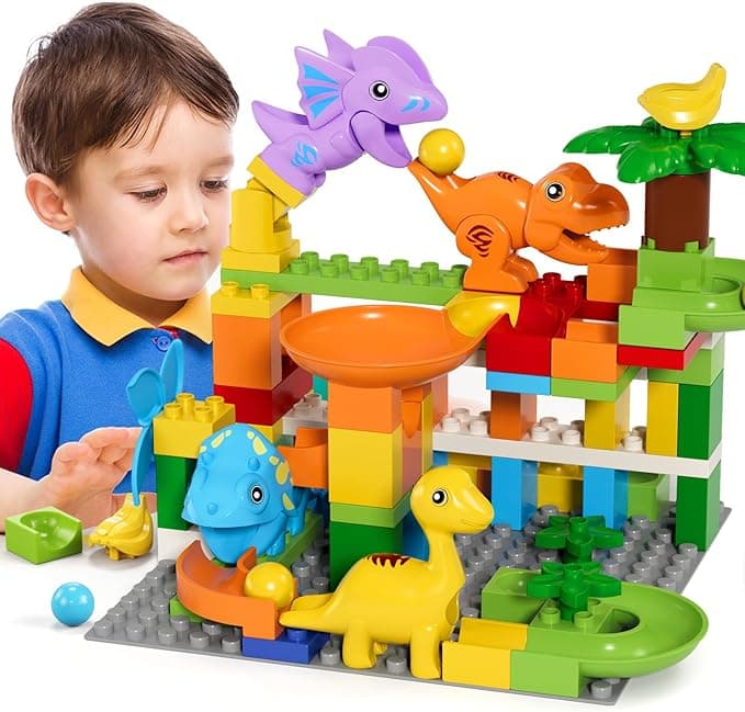 burgkidz Marble Run Building Blocks Dino Toys: STEM Ball Race Track for Boys & Girls with Functional Dinosaur Building Blocks, Marbles Maze Game Toy Set for Kids Ages 3 4-8 - Image 1