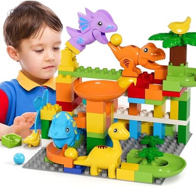 burgkidz Marble Run Building Blocks Dino Toys: STEM Ball Race Track for Boys & Girls with Functional Dinosaur Building Blocks, Marbles Maze Game Toy Set for Kids Ages 3 4-8 - Image 1