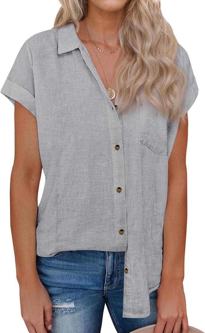 siliteelon Linen Shirts for Women Button Down Shirts Short Sleeve Cotton Collared V Neck Solid Casual Blouses with Pocket - Image 1