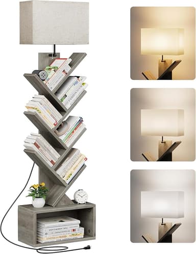 Evermagin 6 Tier Tree Bookshelf with Light, Narrow Bookcase Tower, Tall Floor Standing Book Shelf Organizer with Storage Cabinet for Living Room, Bedroom and Home Office, Gray - Image 1