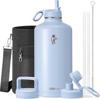 Coolflask 128 oz Gallon Water Bottle Insulated with Straw&3 Lids, Water Jug Large Stainless Steel Metal Vacuum Wide Mouth for Sports, Gym or Office, Non-BPA Keep Cold 48H Hot 24H, Light Blue - Image 1
