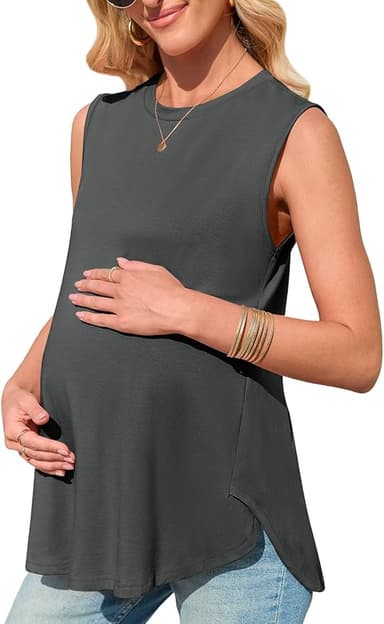 FMEYOA Women's Maternity Tank Top Summer Sleeveless Crewneck Pregnancy Shirts Side Split Maternity Clothes - Image 1