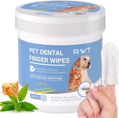 RWT Dog Teeth Cleaning Wipes, 60 Count – Reduces Plaque and Tartar, Freshens Breath, Disposable Pet Finger Wipes for Dogs & Cats Toothbrush Gentle Dental Care - Image 1