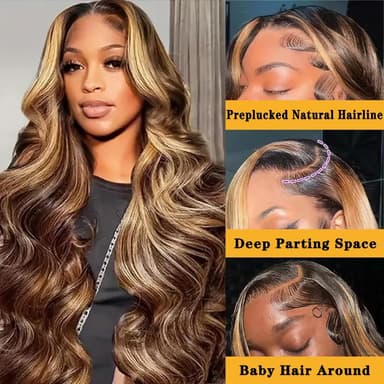 34 Inch Honey Blonde Ombre Lace Front Wig Human Hair Highlight Body Wave Lace Front Wigs Human Hair Pre Plucked 180 Density Glueless 13X4 HD Lace Frontal Wig for Women 4/27 Colored - Image 3