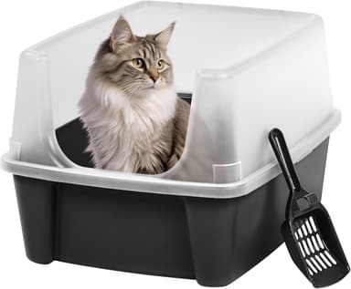 IRIS USA Large Cat Litter Box with Scatter Shield and Scoop, Open Top High Sided Cat Litter Pan, Black - Image 2