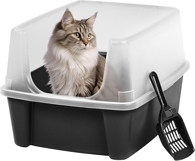 IRIS USA Large Cat Litter Box with Scatter Shield and Scoop, Open Top High Sided Cat Litter Pan, Black - Image 1