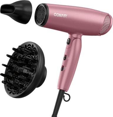 Conair Hair Dryer with Diffuser and Folding Handle, 1875W Travel Blow Dryer with Concentrator, Radiance Boost with Nano-Quartz Ceramic for Less Frizz, More Shine, and Silky Hair, Dusty Rose - Image 2