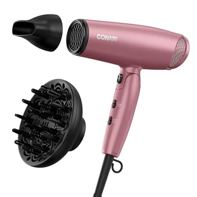 Conair Hair Dryer with Diffuser and Folding Handle, 1875W Travel Blow Dryer with Concentrator, Radiance Boost with Nano-Quartz Ceramic for Less Frizz, More Shine, and Silky Hair, Dusty Rose - Image 1