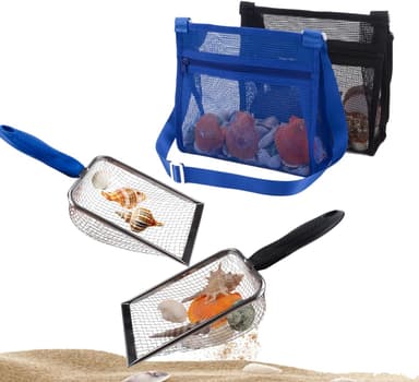 Beach Mesh Shovel with Mesh Shell Bags, Kids Filter Sand Scooper for Picking Up Shells,Shark Tooth Sifter Dipper for Boys and Girls,Beach Toys Accessories (Sapphire Blue+Black - Image 2