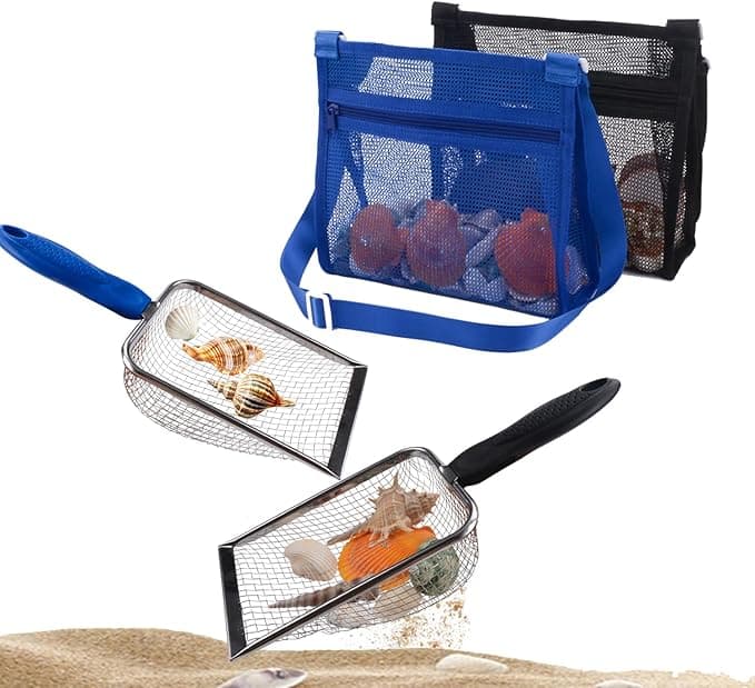Beach Mesh Shovel with Mesh Shell Bags, Kids Filter Sand Scooper for Picking Up Shells,Shark Tooth Sifter Dipper for Boys and Girls,Beach Toys Accessories (Sapphire Blue+Black - Image 1