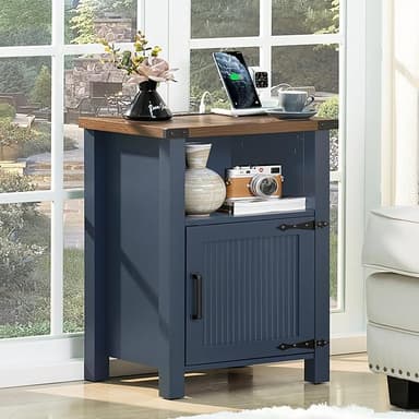 Night Stand with Charging Station and USB Port, 18 Inch Farmhouse Nightstand with Storage Shelf, Rustic Couch End Table with Magnetic Door, Wood Bed Side Tables for Bedroom, Home, Nayv Blue - Image 1