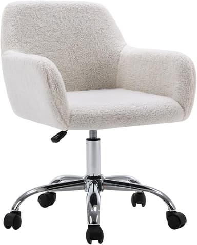 KCC Faux Fur Vanity Makeup Desk Chair, Comfy Fluffy Swivel Modern Leisure Armchair with Wheels, Upholstered Fuzzy Height Adjustable for Teens Women Girls Elegant Home Office - Image 1