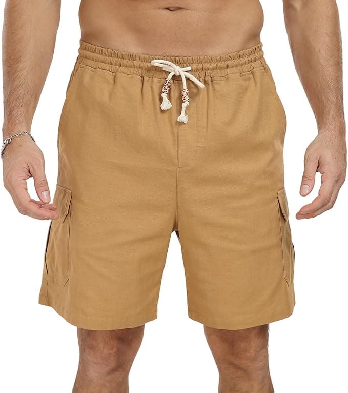 NITAGUT Men's Linen Shorts Summer Beach Casual Drawstring Shorts with Multi Pockets - Image 1