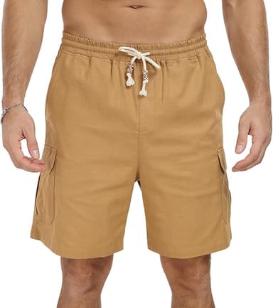 NITAGUT Men's Linen Shorts Summer Beach Casual Drawstring Shorts with Multi Pockets - Image 1