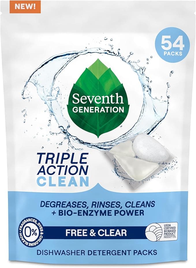 Seventh Generation Triple Action Clean Automatic Dishwasher Detergent Packs with Bio-Enzyme Power, Free & Clear, Fights 48-hour Stuck-on Food, 54 count - Image 1