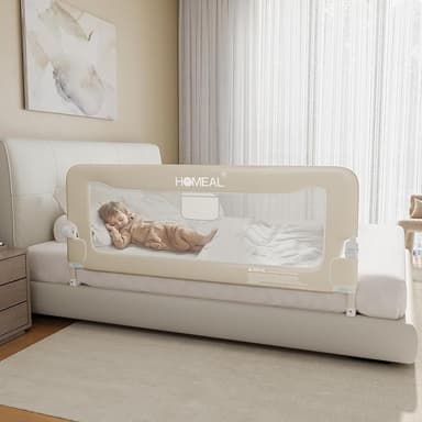 HOMEAL 59in Foldable Toddler Bed Rails, Bed Rail for Toddlers, Baby Bed Rail Guard for King Size,Twin Size, Full Size, Queen Size Beds, Bed Guard Rail, Beige - Image 1