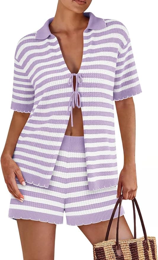 Womens 2 Piece Pajama Set Striped Knit Lounge Sets Short Sleeve Tie Front Top and Shorts Set 2025 Summer Outfits - Image 1