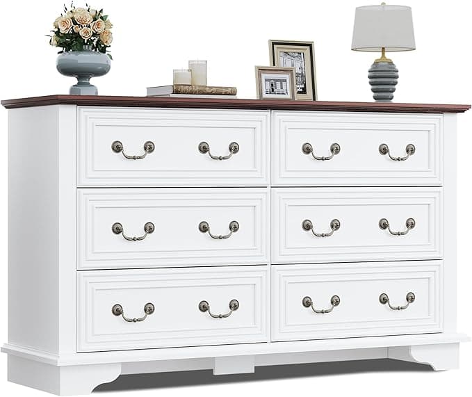 WLIVE Farmhouse Dresser for Bedroom, 51.97'' Wide Wood White Dresser with 6 Drawer, Chest of Drawers with Roman Metal Handle, TV Stand for 60 inch TV, for Living Room, Hallway - Image 1