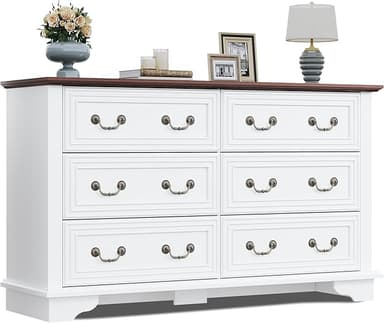 WLIVE Farmhouse Dresser for Bedroom, 51.97'' Wide Wood White Dresser with 6 Drawer, Chest of Drawers with Roman Metal Handle, TV Stand for 60 inch TV, for Living Room, Hallway - Image 1