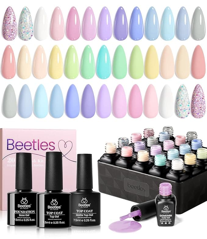 beetles Gel Polish Set - 23Pcs Macaroon Color Gel Nail Kit with Glossy Matte Top Coat Base Coat Yellow Pink White Purple Blue Glitter Bright Uv Nails Paradise Pastel Gel Christmas Gifts for Women - Image 1
