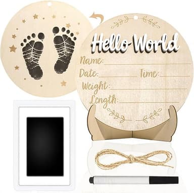 XCMVCN Baby Announcement Sign, 5.9 Inch Round Wooden Hello World Newborn Signs, Birth Announcement Sign: Equipped with Ink Pad Can Baby Handprints and Footprints for Photo Prop Hospital Nursery Gift - Image 1