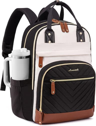 LOVEVOOK Laptop Backpack for Women with Giant Tumbler Holder Pocket,15.6 inch School College Book Bag Nurse Teacher Backpack,Waterproof Work Travel Backpack Purse Laptop Computer Bag,Beige-Black-Brown - Image 2