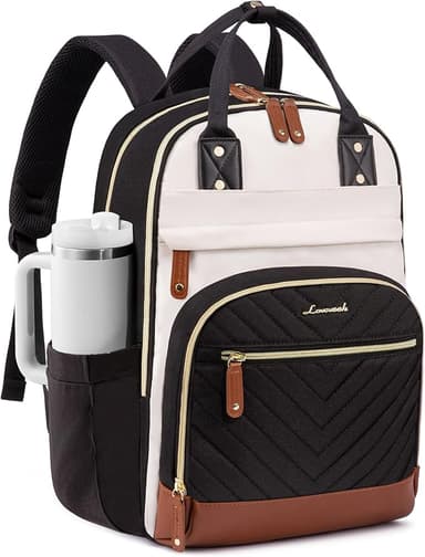 LOVEVOOK Laptop Backpack for Women with Giant Tumbler Holder Pocket,15.6 inch School College Book Bag Nurse Teacher Backpack,Waterproof Work Travel Backpack Purse Laptop Computer Bag,Beige-Black-Brown - Image 1