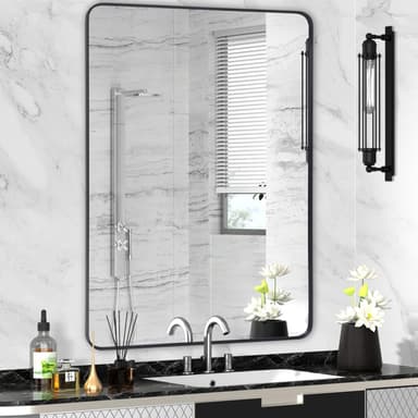 Wall Mount Mirror for Bathroom, Brushed Black Metal Framed Large Rounded Corner Rectangular Vanity Mirror, Tempered Glass, Anti-Rust, Hangs Horizontally or Vertically (30" x 40", Black - Image 2