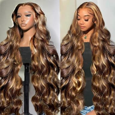 34 Inch Honey Blonde Ombre Lace Front Wig Human Hair Highlight Body Wave Lace Front Wigs Human Hair Pre Plucked 180 Density Glueless 13X4 HD Lace Frontal Wig for Women 4/27 Colored - Image 2