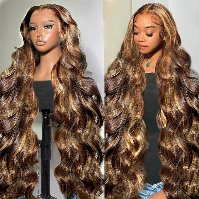 34 Inch Honey Blonde Ombre Lace Front Wig Human Hair Highlight Body Wave Lace Front Wigs Human Hair Pre Plucked 180 Density Glueless 13X4 HD Lace Frontal Wig for Women 4/27 Colored - Image 1