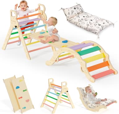 BlueWood Pikler Triangle Set with Cushion, 8-in-1 Climbing Toys for Toddlers, Montessori Philosophy Play Jungle Gym with Arch, Ramp, Ladder(Sunshine Rainbow - Image 2