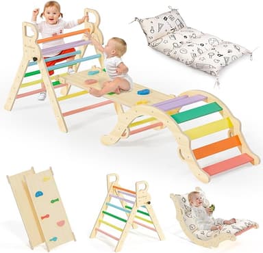 BlueWood Pikler Triangle Set with Cushion, 8-in-1 Climbing Toys for Toddlers, Montessori Philosophy Play Jungle Gym with Arch, Ramp, Ladder(Sunshine Rainbow - Image 1