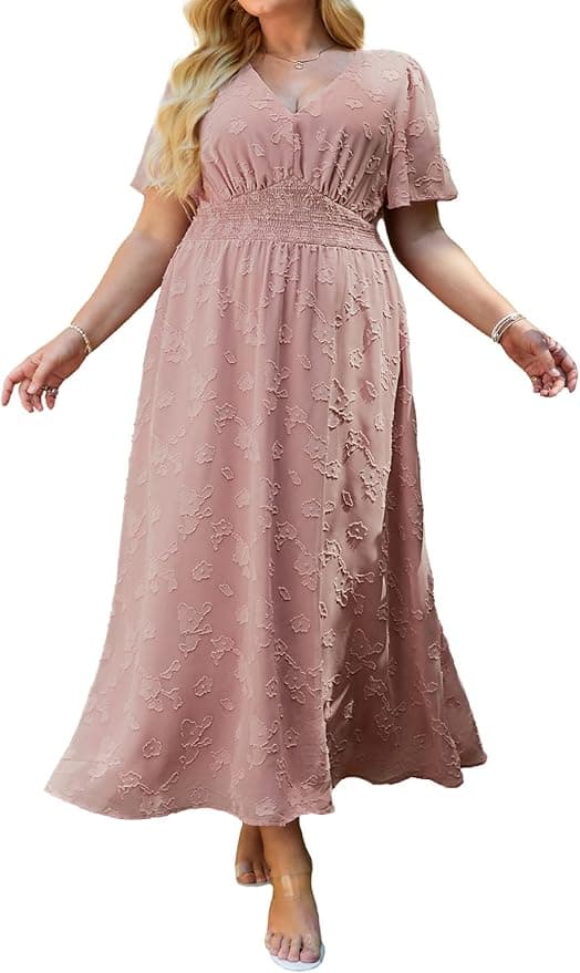 Simplee Women's Boho Floral Maxi Dress Flowy Casual V Neck Short Sleeve Wedding Guest Holiday Beach Long Dress - Image 1
