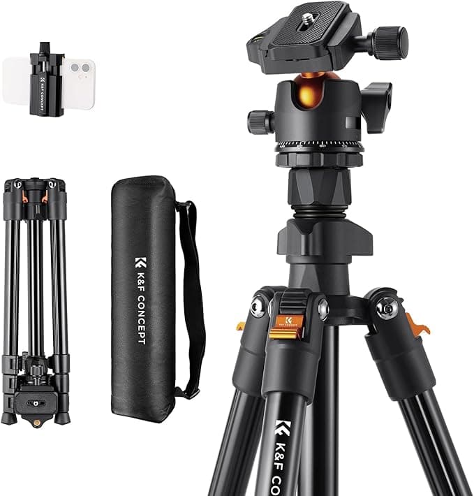 K&F CONCEPT 64 inch/163 cm Camera Tripod,Lightweight Travel Outdoor DSLR Tripods with 360 Degree Ball Head Load Capacity 17.6 lbs/8 kg,Cellphone Clip for Smartphone Live Streaming Vlog O234A1+BH-36 - Image 1
