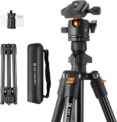 K&F CONCEPT 64 inch/163 cm Camera Tripod,Lightweight Travel Outdoor DSLR Tripods with 360 Degree Ball Head Load Capacity 17.6 lbs/8 kg,Cellphone Clip for Smartphone Live Streaming Vlog O234A1+BH-36 - Image 1