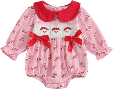 Doisbetthsay Newborn Baby Girls Christmas Outfit Long Sleeve Doll Collar Candy Cane Santa Smocked Romper One Piece Clothes - Image 2