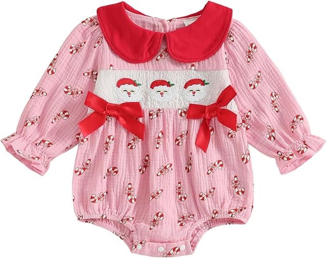 Doisbetthsay Newborn Baby Girls Christmas Outfit Long Sleeve Doll Collar Candy Cane Santa Smocked Romper One Piece Clothes