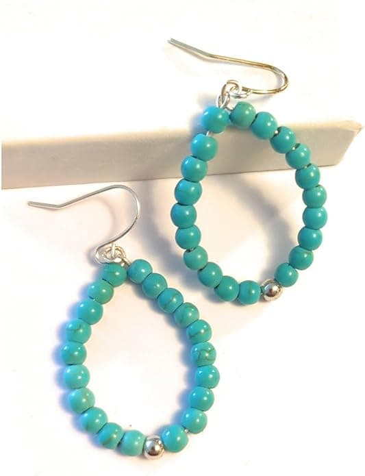 Turquoise Oval Hoop Genuine Gemstone Bead Drop Dangle Earring Gift Boxed 1-1/2 Inch Length