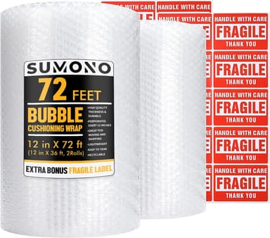 Bubble Cushioning Wrap Roll, Sumono 12 Inch x 72 Feet Total [2 Rolls of 36 Feet] Bubble Roll Perforated 12 Inch Included 20 Fragile Sticker Label - Image 2