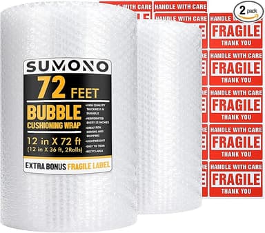 Bubble Cushioning Wrap Roll, Sumono 12 Inch x 72 Feet Total [2 Rolls of 36 Feet] Bubble Roll Perforated 12 Inch Included 20 Fragile Sticker Label - Image 1