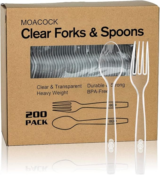 200 Count Plastic Silverware, Heavy Weight Plastic Forks Spoons Disposable Utensils Cutlery Set for Wedding Party Supplies Everyday Use - Image 1