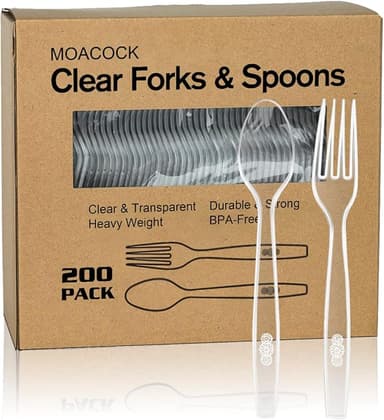200 Count Plastic Silverware, Heavy Weight Plastic Forks Spoons Disposable Utensils Cutlery Set for Wedding Party Supplies Everyday Use - Image 1