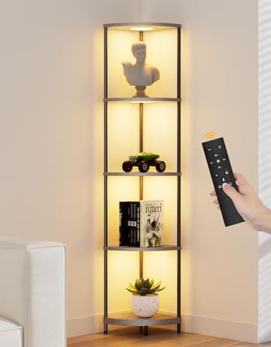 Corner Shelf with RGBCW LED Light, 64.5” Tall Floor Lamp Narrow Bookshelf Organizer, Standing Shelves with Metal Pole, Display Storage Rack for Wall Corner, Living Room, Bedroom, Office Décor, Grey - Image 2