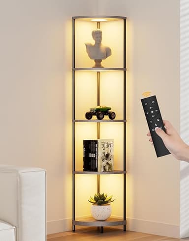 Corner Shelf with RGBCW LED Light, 64.5” Tall Floor Lamp Narrow Bookshelf Organizer, Standing Shelves with Metal Pole, Display Storage Rack for Wall Corner, Living Room, Bedroom, Office Décor, Grey - Image 1